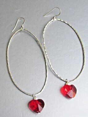 Vintage Hammered Sterling Silver LONG Oval Hoop & Crystal HEART Earrings